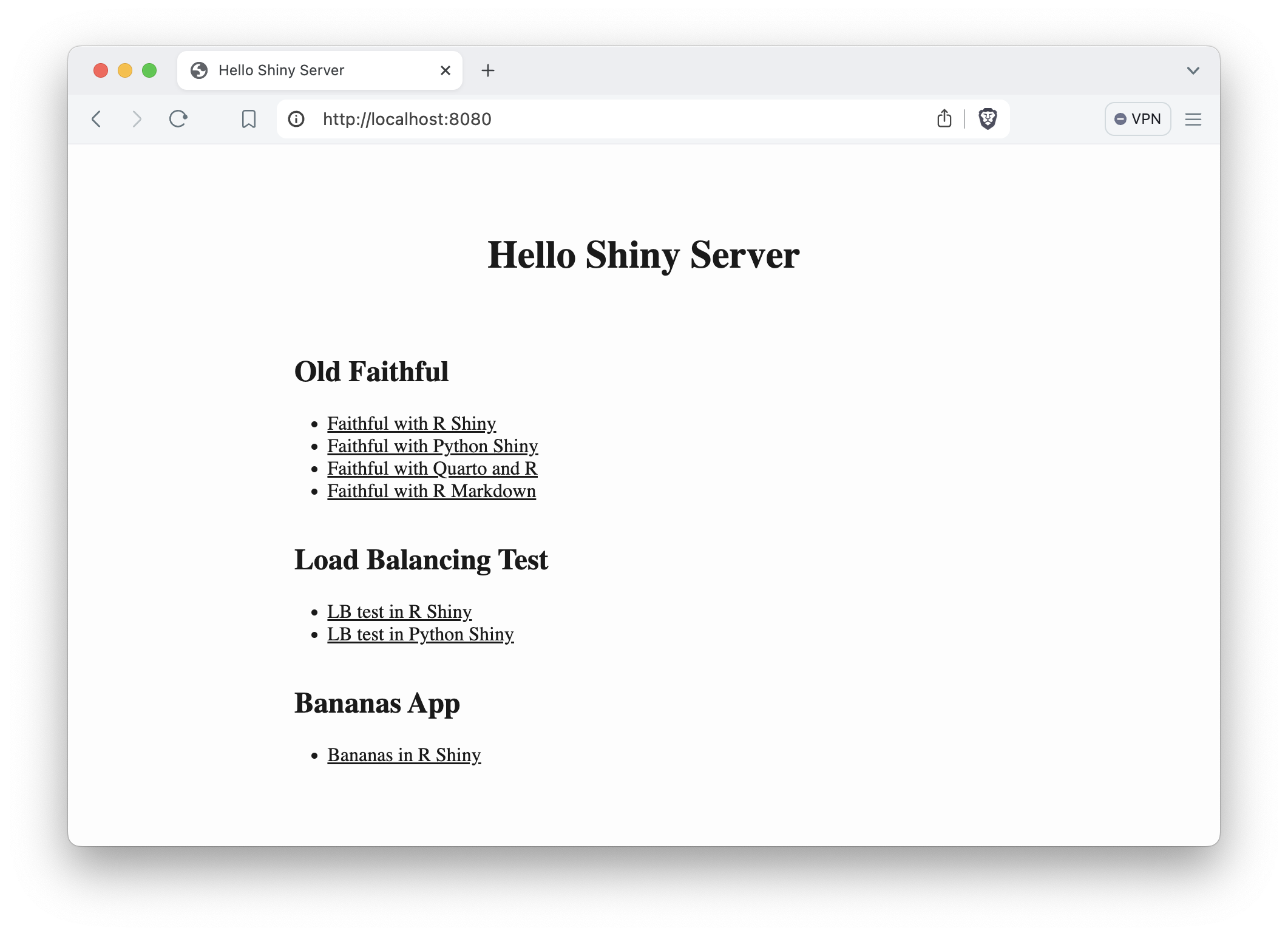 Landing page for the containerized Shiny Server deployment.