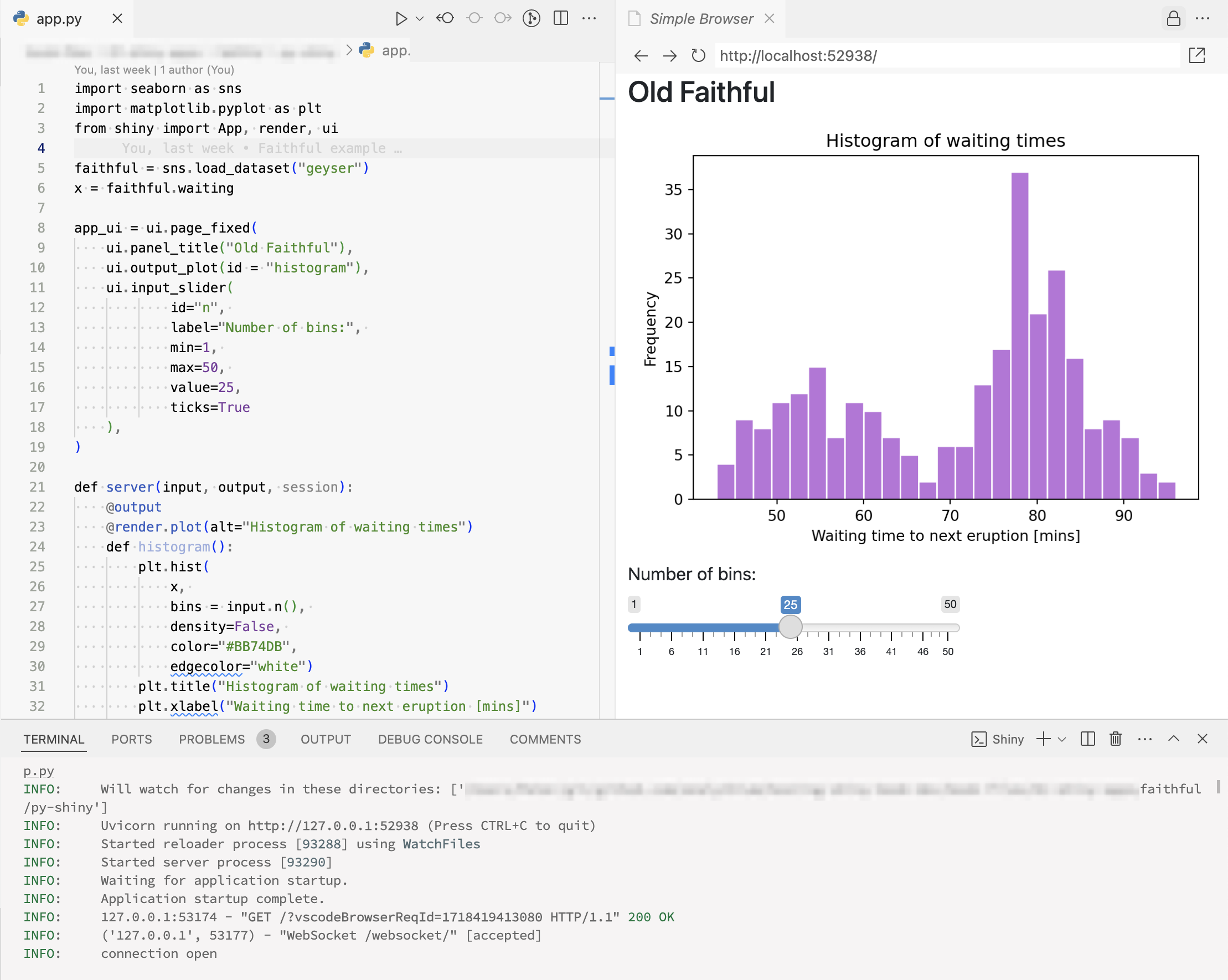 Running a Python Shiny app in the VS Code IDE with the Shiny extension.