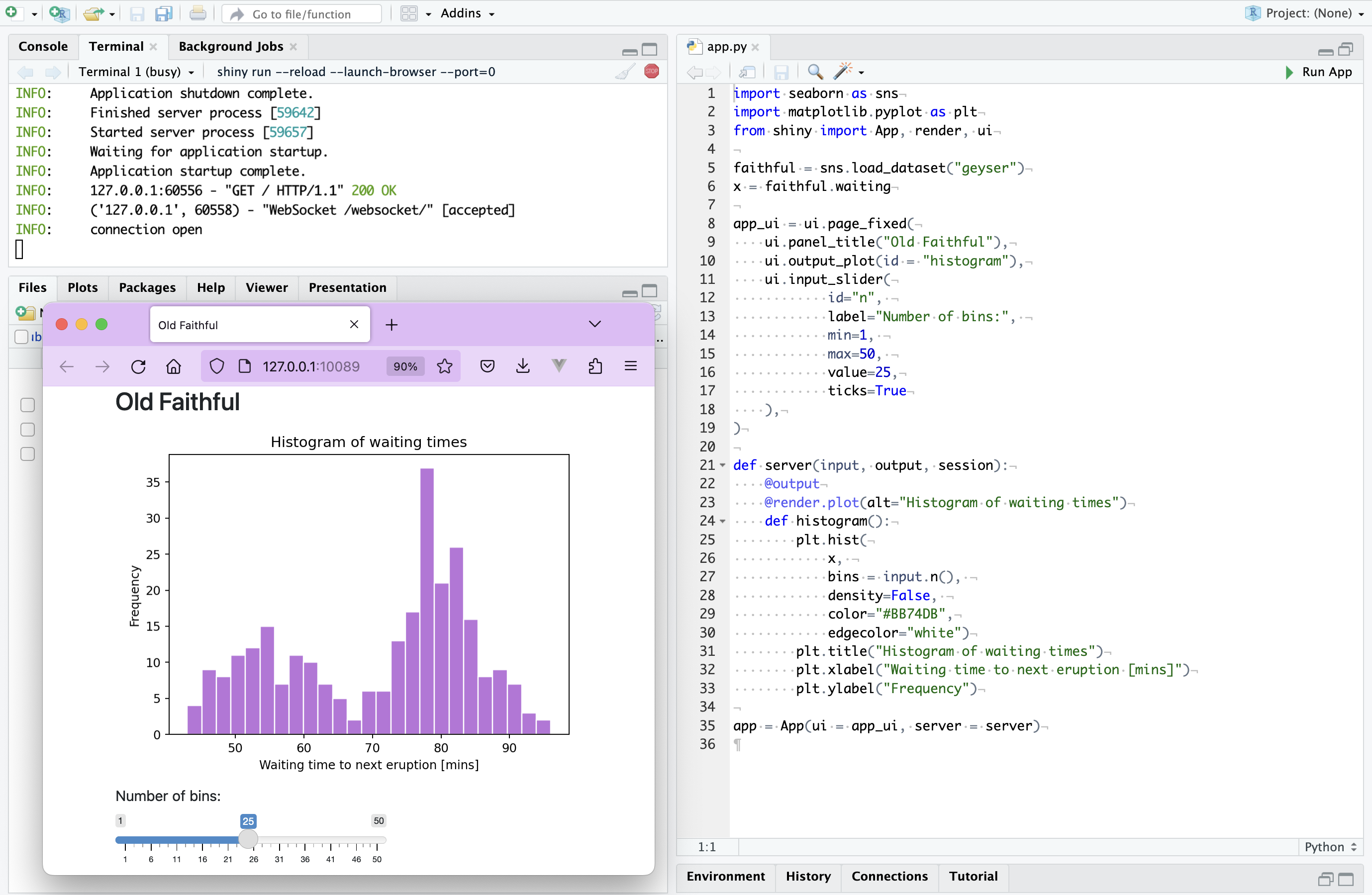 Running a Python Shiny app in the RSudio IDE.