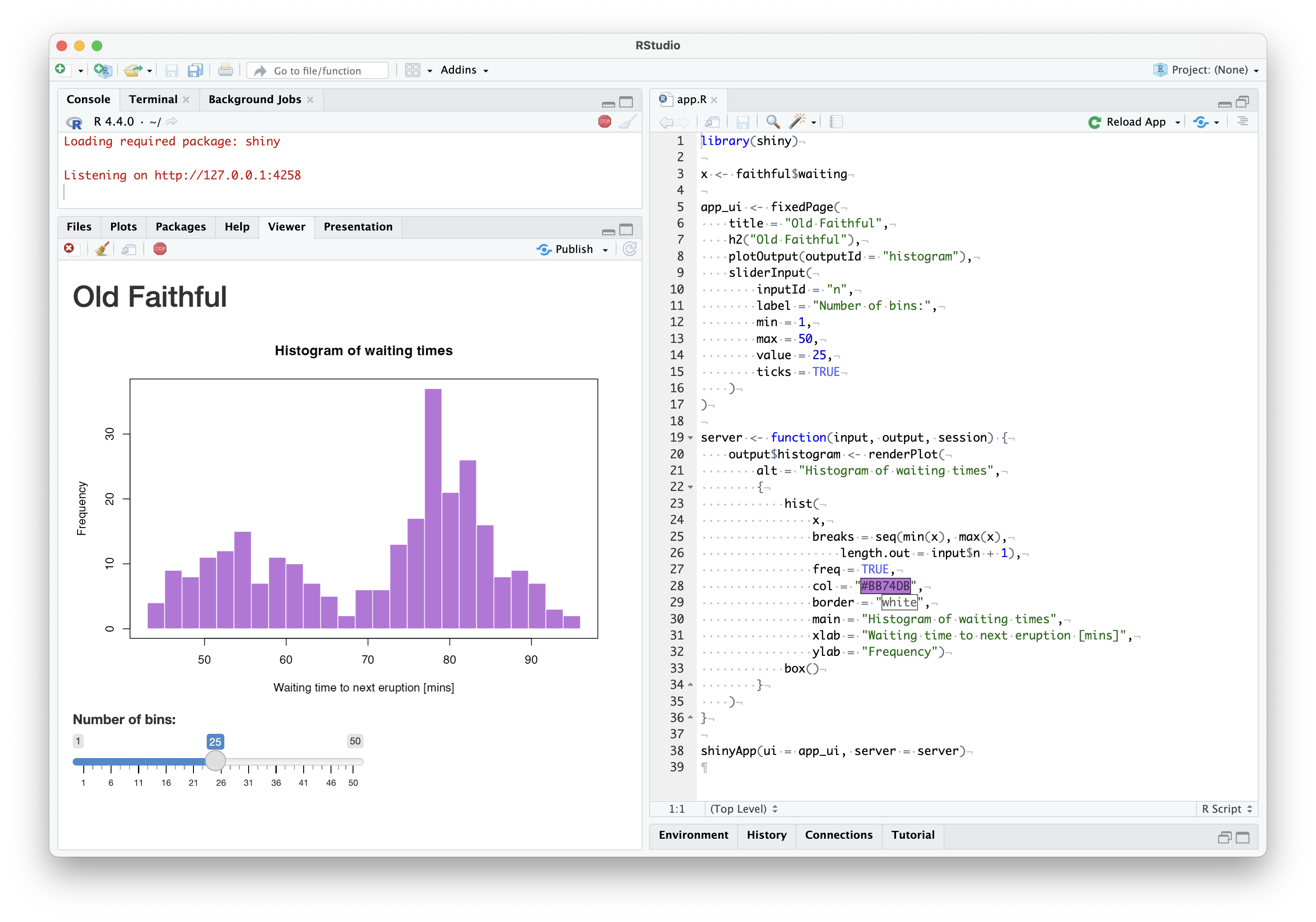 Running an R Shiny app in the RStudio IDE.