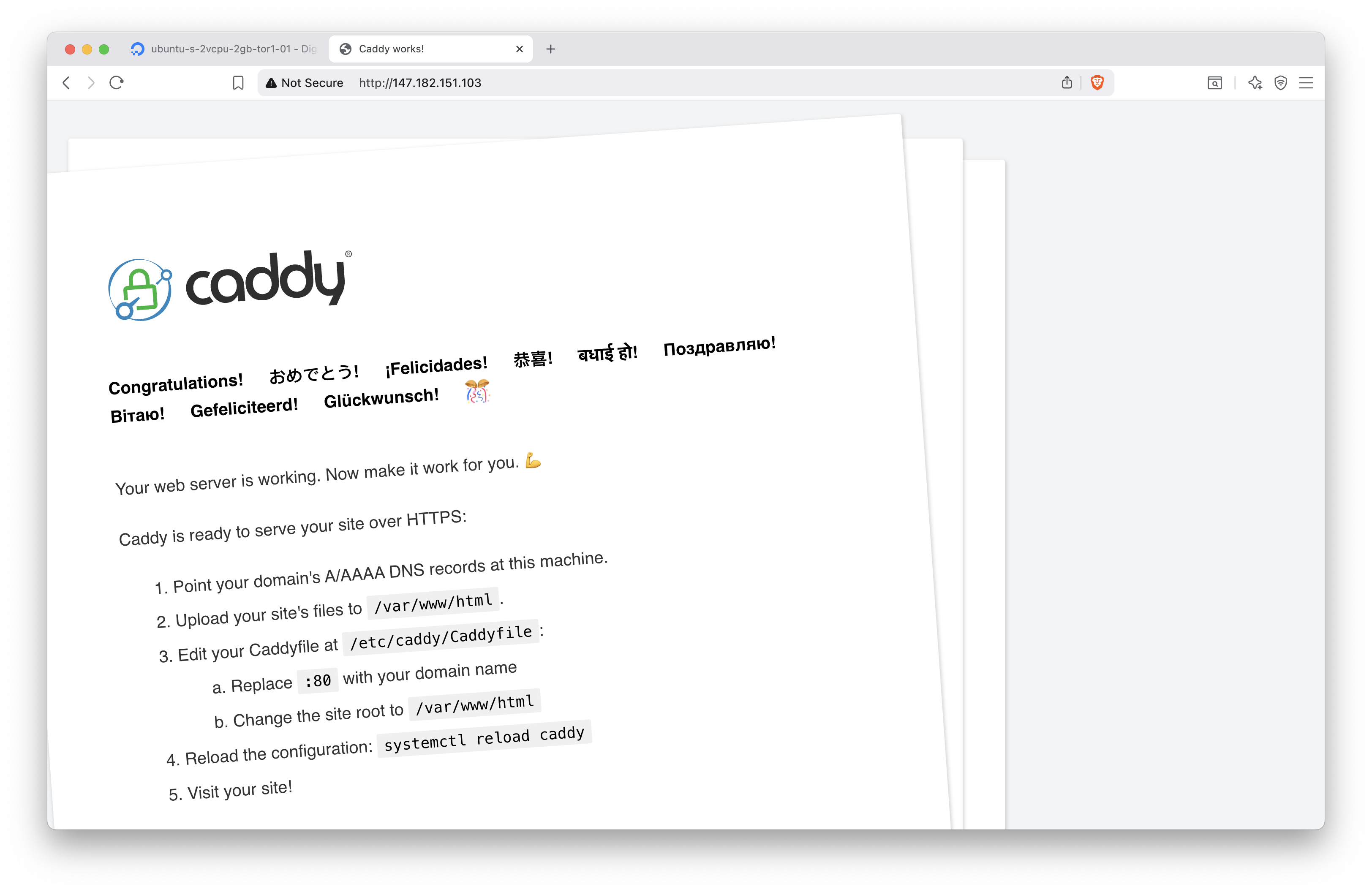 Caddy server greetings page.