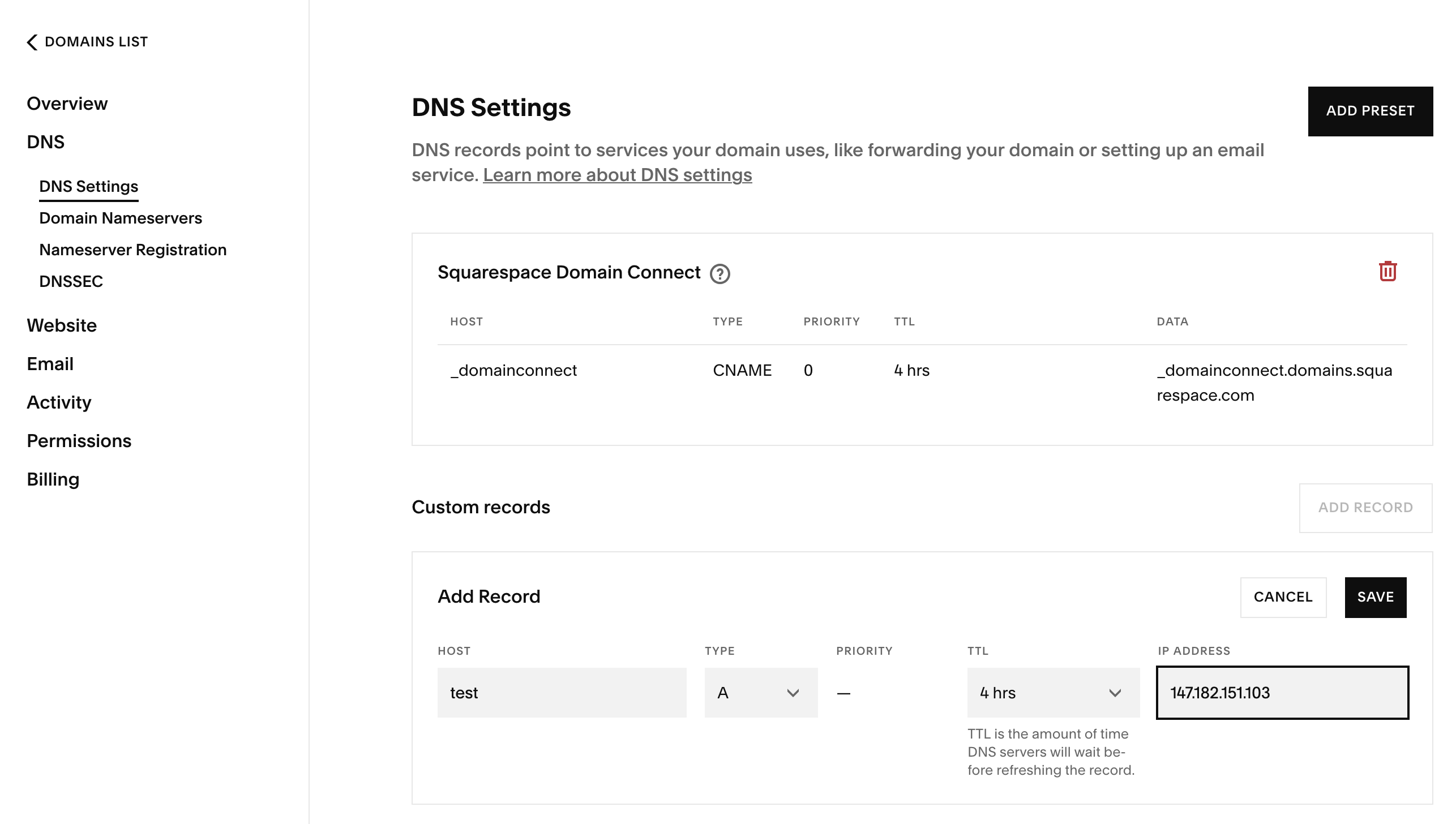 Adding A record to your domain name settings.