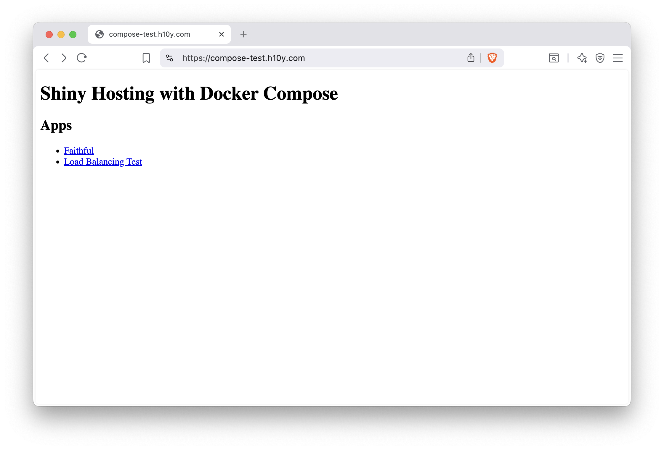 Shiny apps listed on the landing page of a site running Docker Compose.