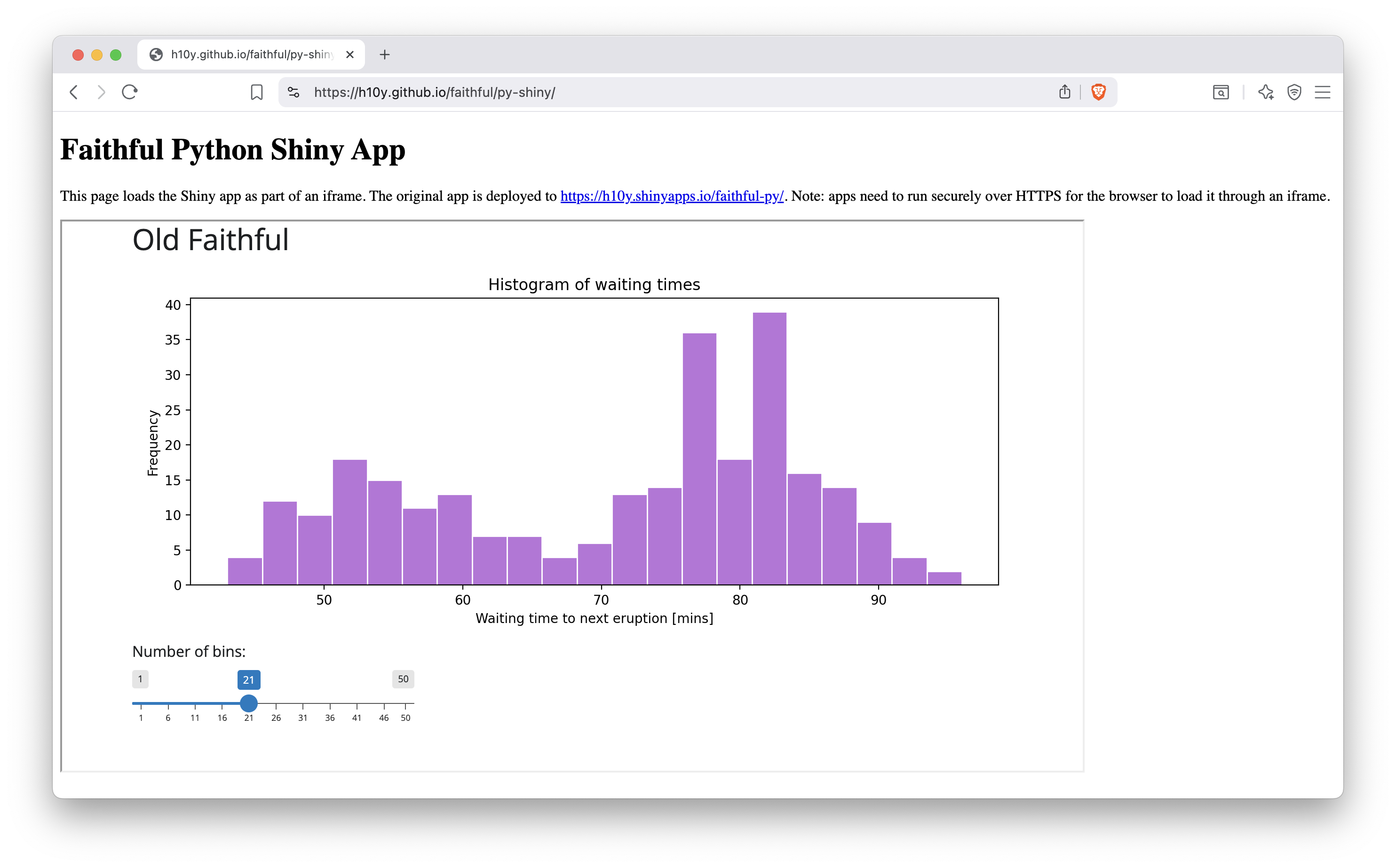 A Python Shiny app embedded into a static HTML page hosted by GitHub pages.