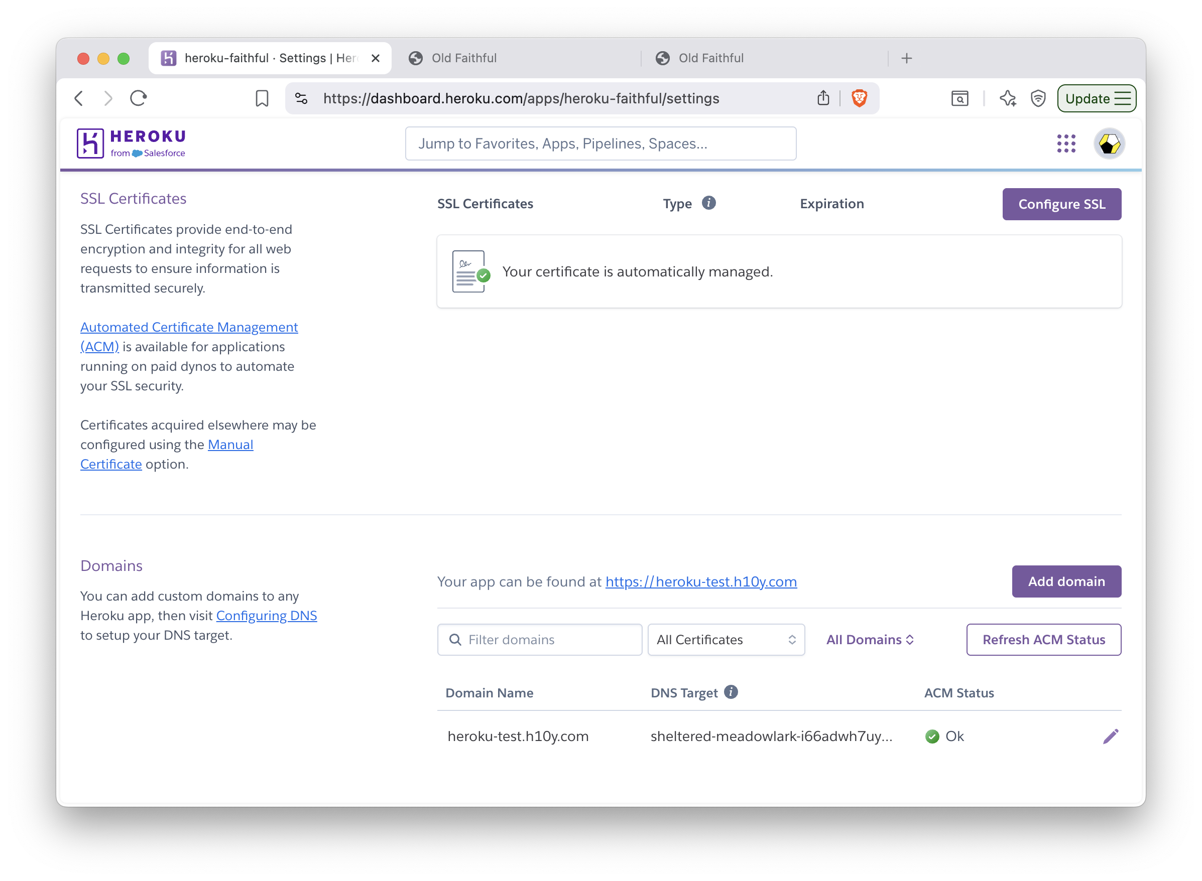 Managing custom domains and TLS certificates in Heroku.