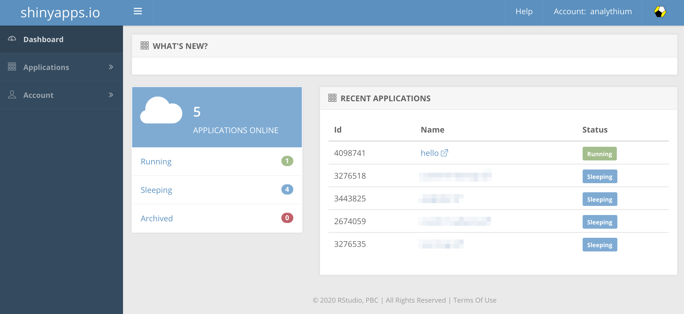 shinyapps.io app dashboard