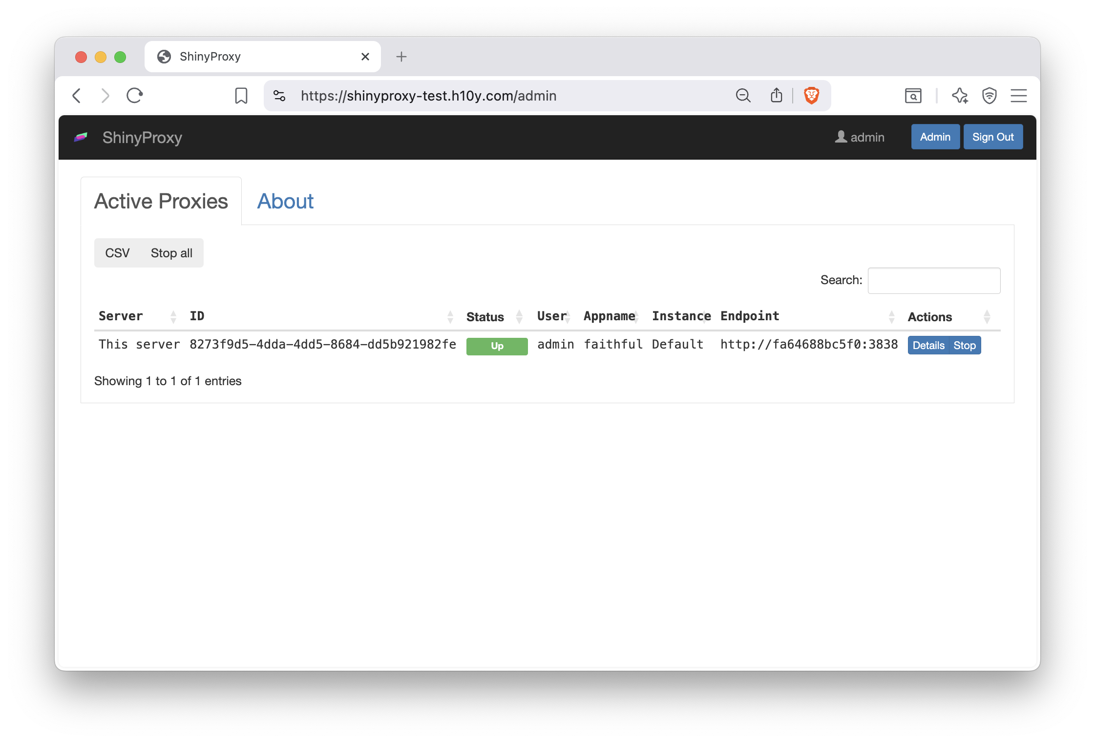 ShinyProxy admin interface.