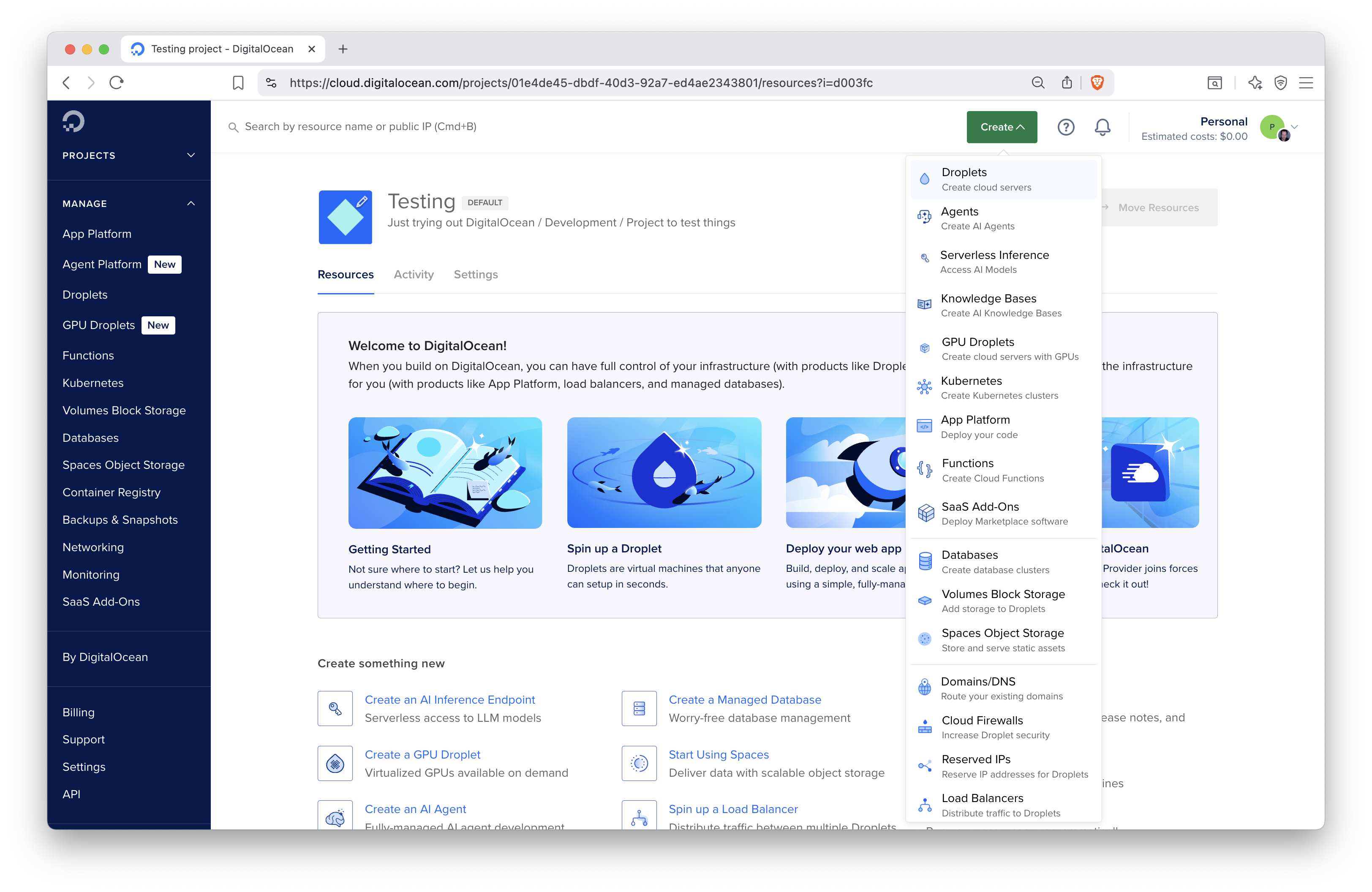 The DigitalOcean dashboard.