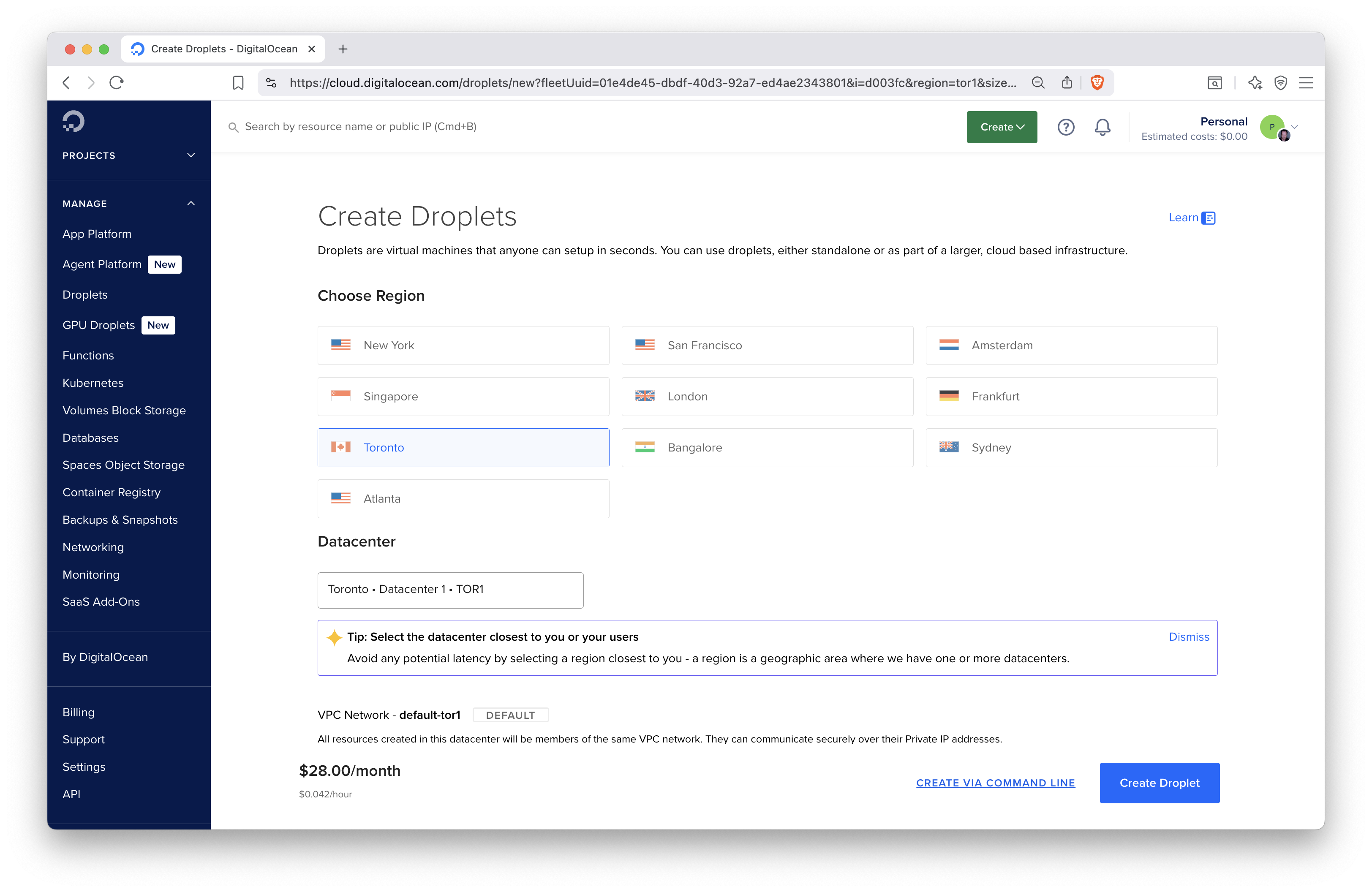 Choosing data center for the DigitalOcean virtual machine.