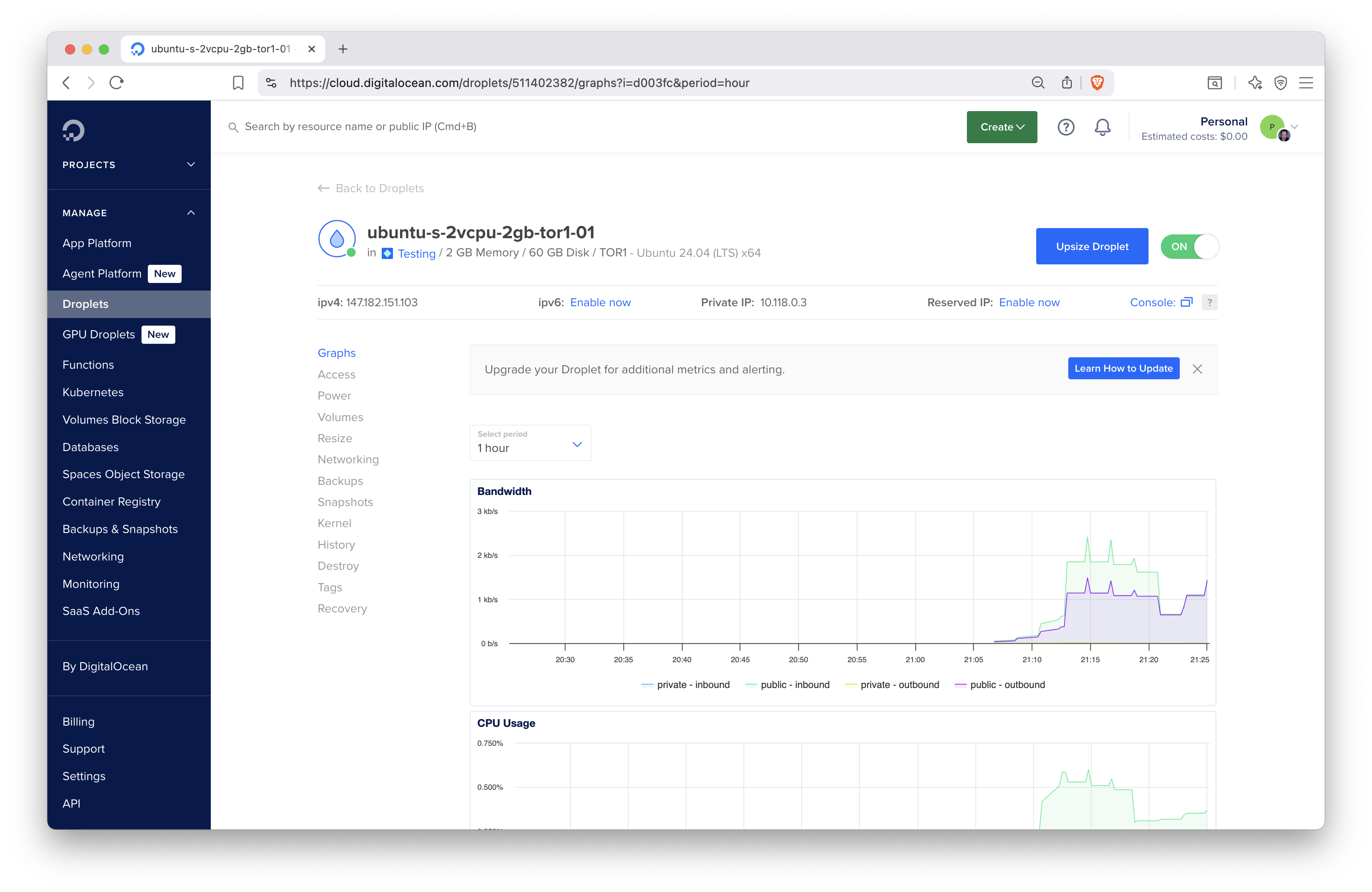 The Droplet dashboard with resource usage metrics.